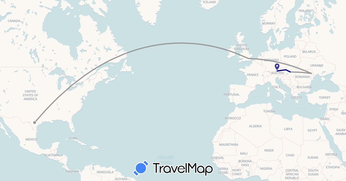 TravelMap itinerary: driving, plane in Austria, United Kingdom, Hungary, Moldova, Slovakia, United States (Europe, North America)